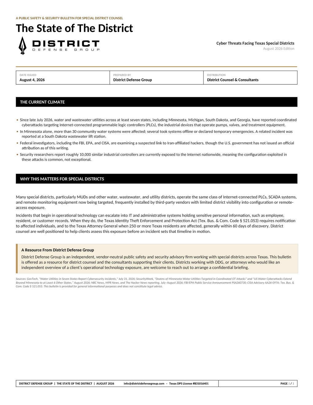Cover of the August 2026 State of the District bulletin