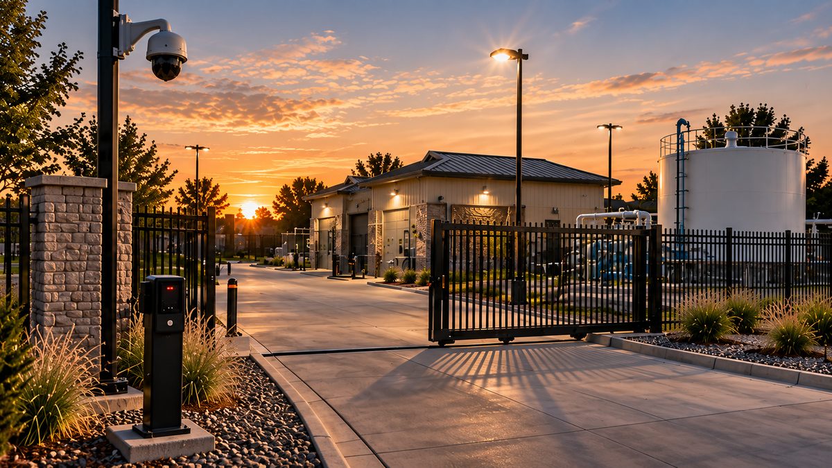 A water plant entrance at dusk: fence line, controlled gate, credential reader and camera